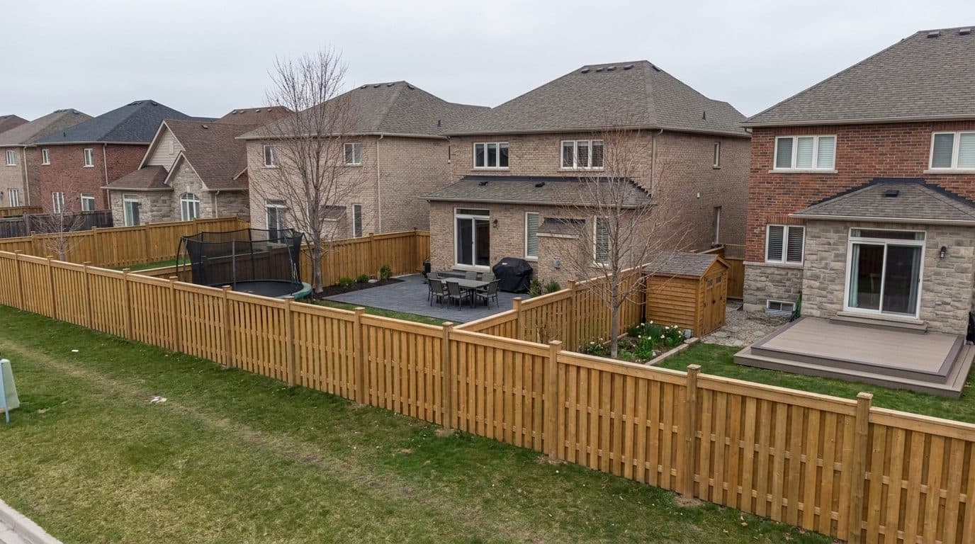Cedar fence panels along a landscaped Canadian backyard