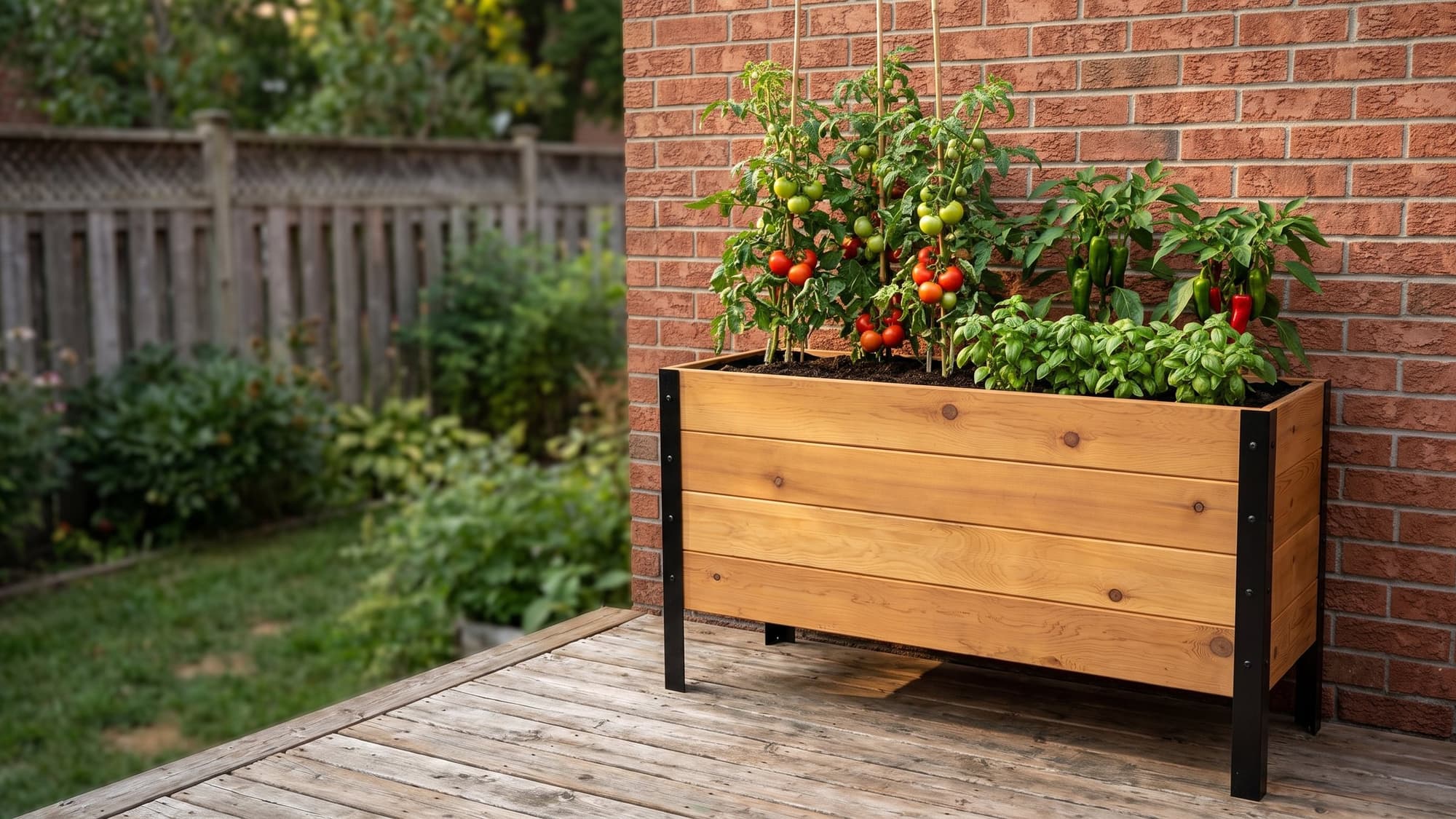 Illustration of a NorthStar 18 by 48 inch cedar raised garden bed on black steel legs, planted with staked tomatoes, peppers and basil, on a wooden deck against a brick house wall